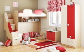 Детская комната Бэрри (Бежевый/Красный/корпус Клен) в Большеречье - bolshereche.katalogmebeli.com | фото 1