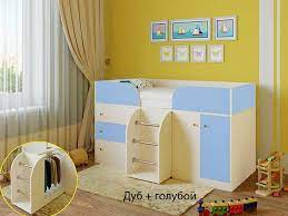 Кровать-чердак Малыш-4 Дуб молочный/Голубой в Большеречье - bolshereche.katalogmebeli.com | фото
