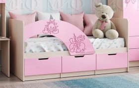 Кровать Юниор-3 ((мульт) розовый металл/дуб беленый) в Большеречье - bolshereche.katalogmebeli.com | фото