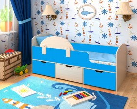 Кровать Малыш-мини с бортиком Дуб молочный/Голубой в Большеречье - bolshereche.katalogmebeli.com | фото