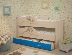 Кровать выкатная Радуга-Сафари детская 1600 Млечный дуб/Голубой в Большеречье - bolshereche.katalogmebeli.com | фото