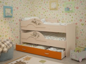 Кровать выкатная Радуга-Сафари детская 1600 Млечный дуб/Оранжевый в Большеречье - bolshereche.katalogmebeli.com | фото