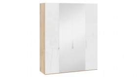 Шкаф комбинированный с 2 глухими и 2 зеркальными дверями «Эмбер» Яблоня Беллуно/Белый глянец в Большеречье - bolshereche.katalogmebeli.com | фото