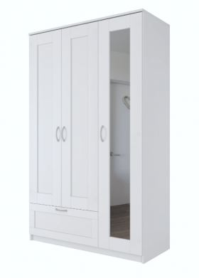 Шкаф трехдверный Сириус с зеркалом и 1 ящиком белый в Большеречье - bolshereche.katalogmebeli.com | фото