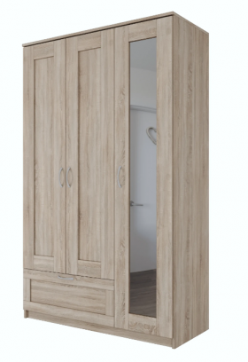 Шкаф трехдверный Сириус с зеркалом и 1 ящиком дуб сонома в Большеречье - bolshereche.katalogmebeli.com | фото