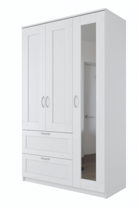 Шкаф трехдверный Сириус с зеркалом и 2 ящиками белый в Большеречье - bolshereche.katalogmebeli.com | фото