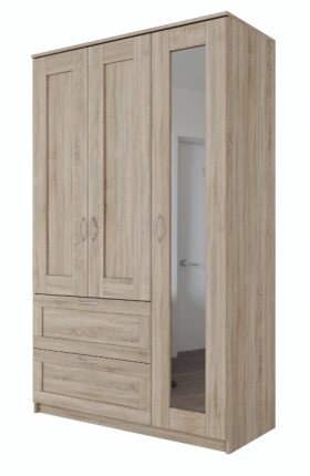 Шкаф трехдверный Сириус с зеркалом и 2 ящиками дуб сонома в Большеречье - bolshereche.katalogmebeli.com | фото